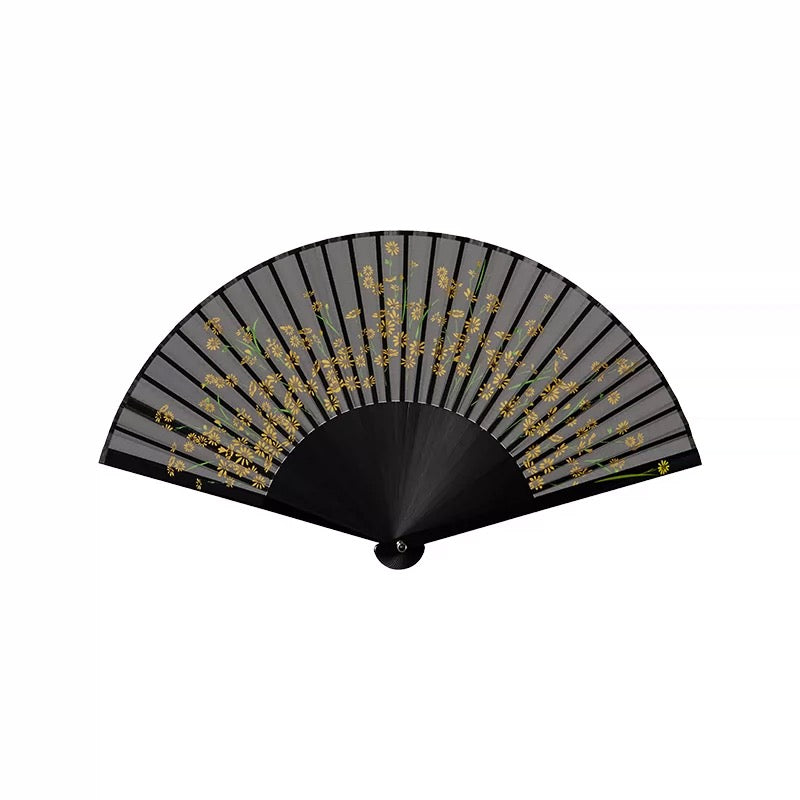 All-Bamboo Rib Silk Folding Fan | Daisy. Lily & Hibiscus Collection