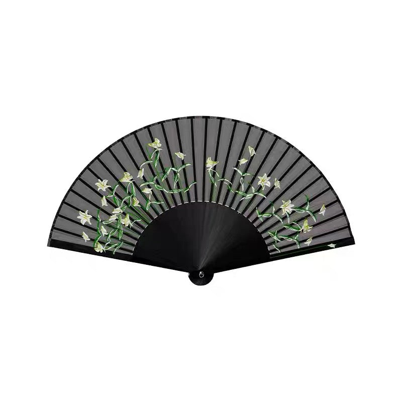 All-Bamboo Rib Silk Folding Fan | Daisy. Lily & Hibiscus Collection