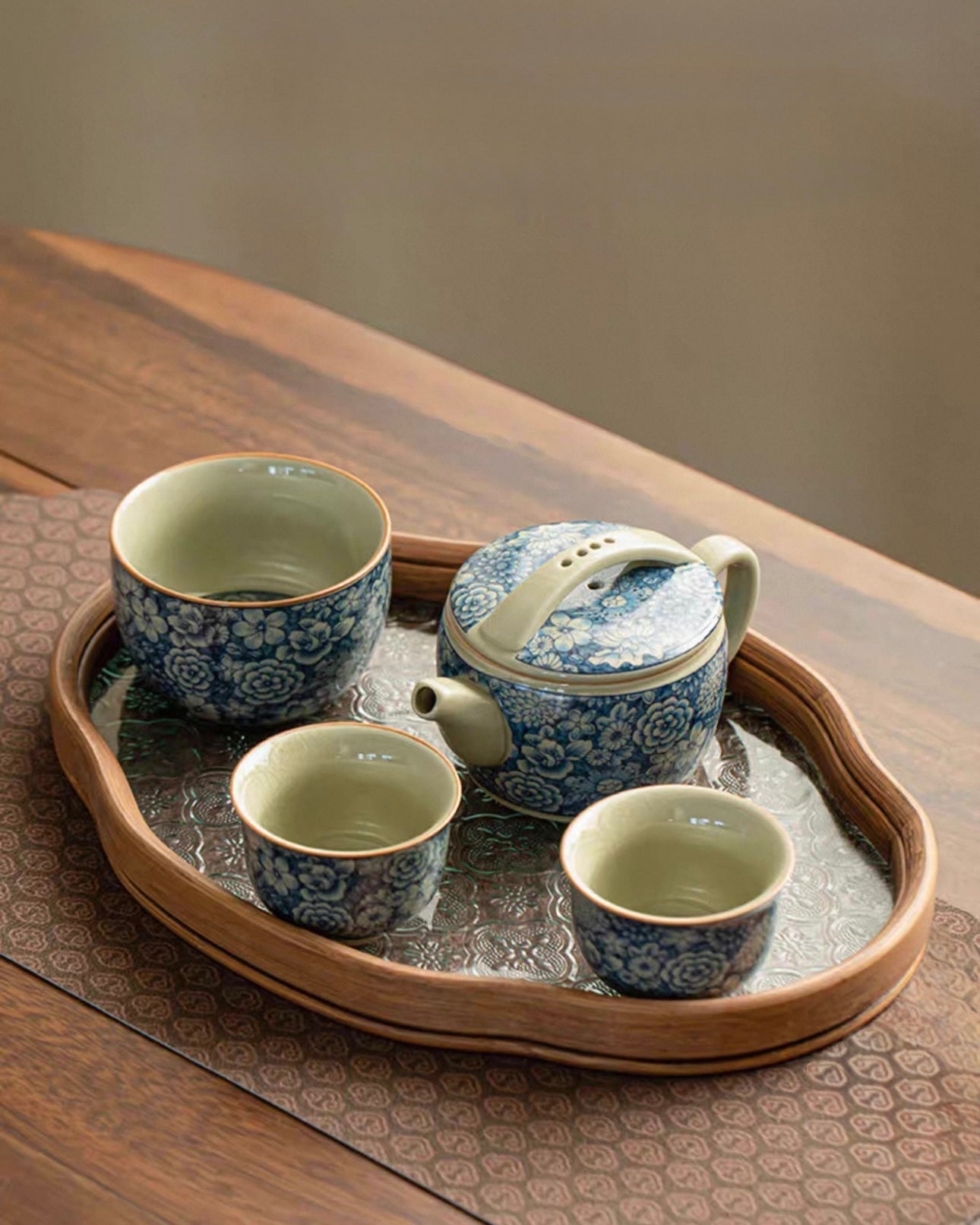 Antique Style Ten Thousand Flowers Han-Wa Tea Set | Aged Clay & Blue-and-White Porcelain