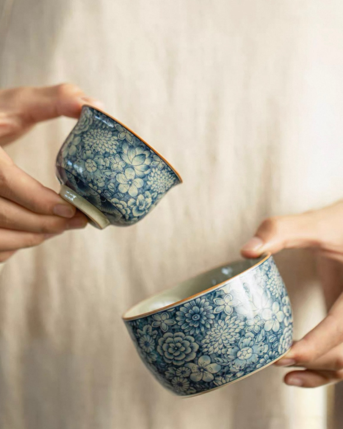 Antique Style Ten Thousand Flowers Han-Wa Tea Set | Aged Clay & Blue-and-White Porcelain