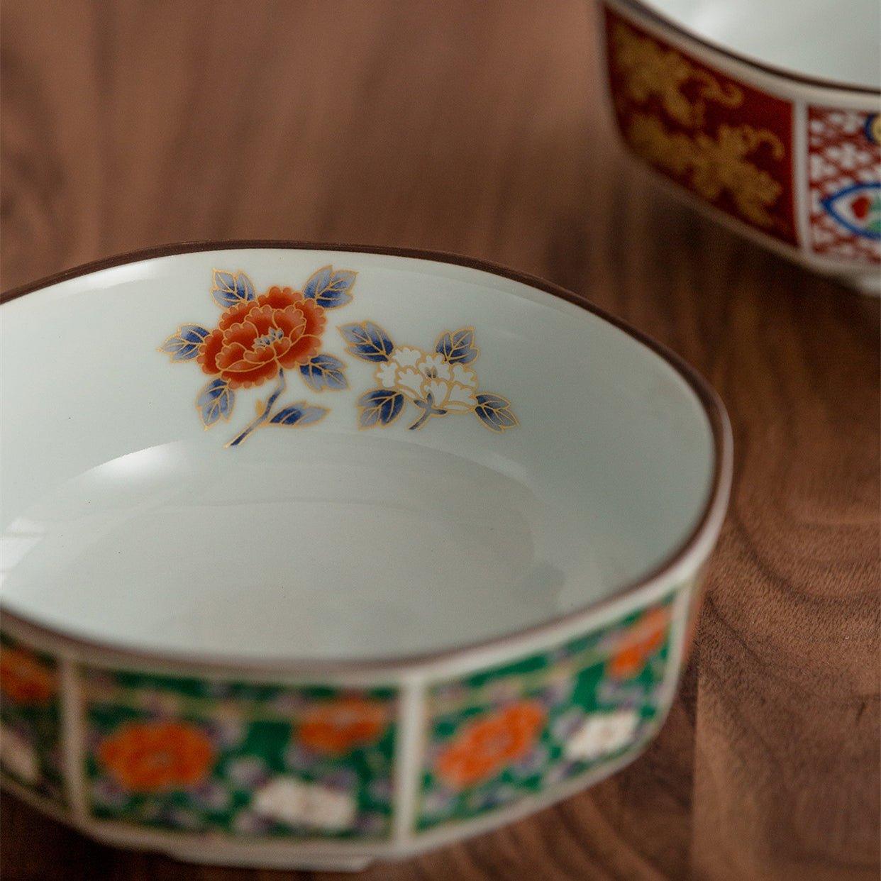 Japanese Mino Ware Court Dyed Brocade Octagonal Bowls Set – A Tapestry of Tradition