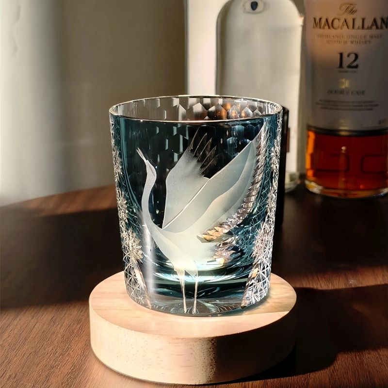 Edo Kiriko Soaring Crane (Tsuru) Hand-Cut Whisky Glass