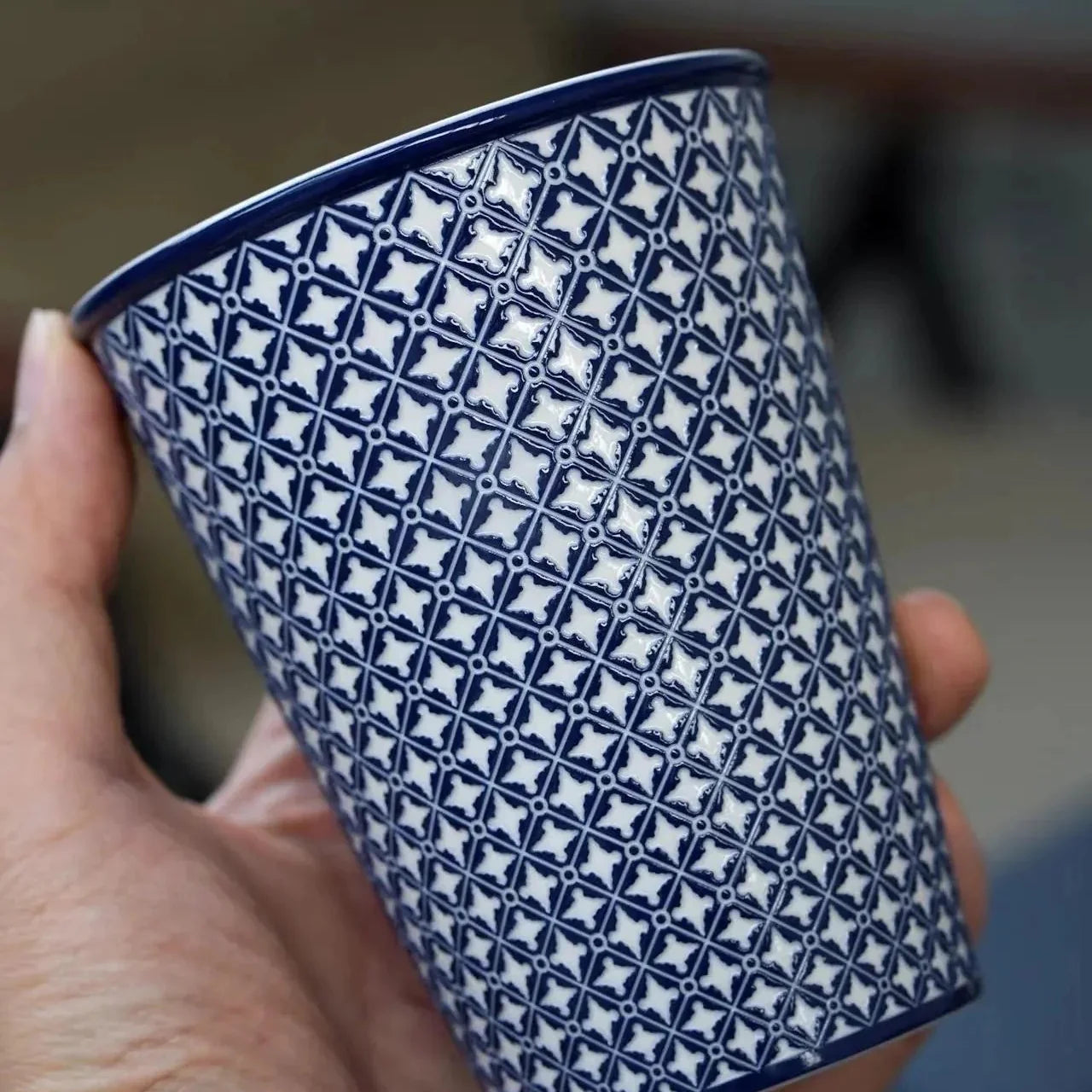 Japanese Underglaze Carved Floral Lattice Drinking Cup